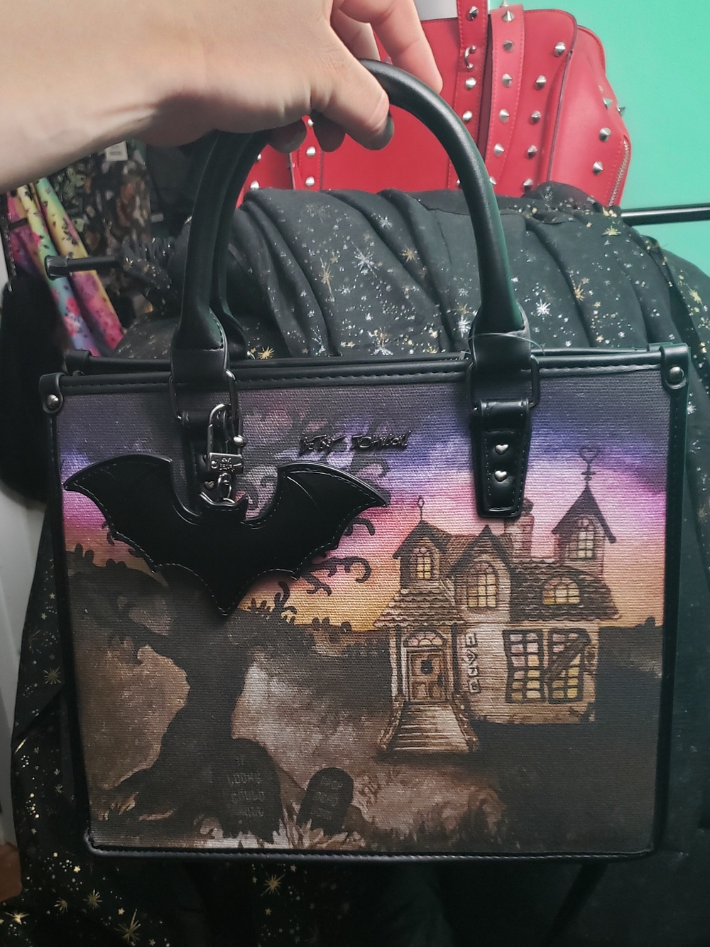 Betsey Johnson Black Haunted House Satchel with Purple and Pink Sunset